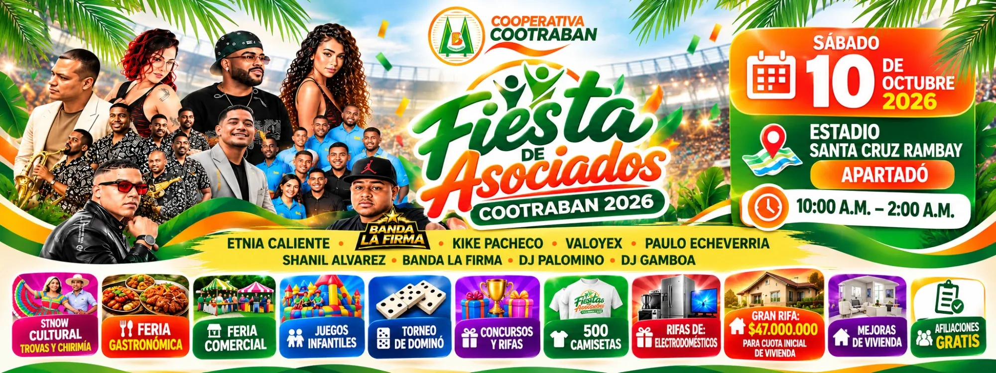 Fiesta de Asociados Cootraban 2026: sábado 10 de octubre, Estadio Santa Cruz Rambay, Apartadó, de 10:00 a. m. a 2:00 a. m.