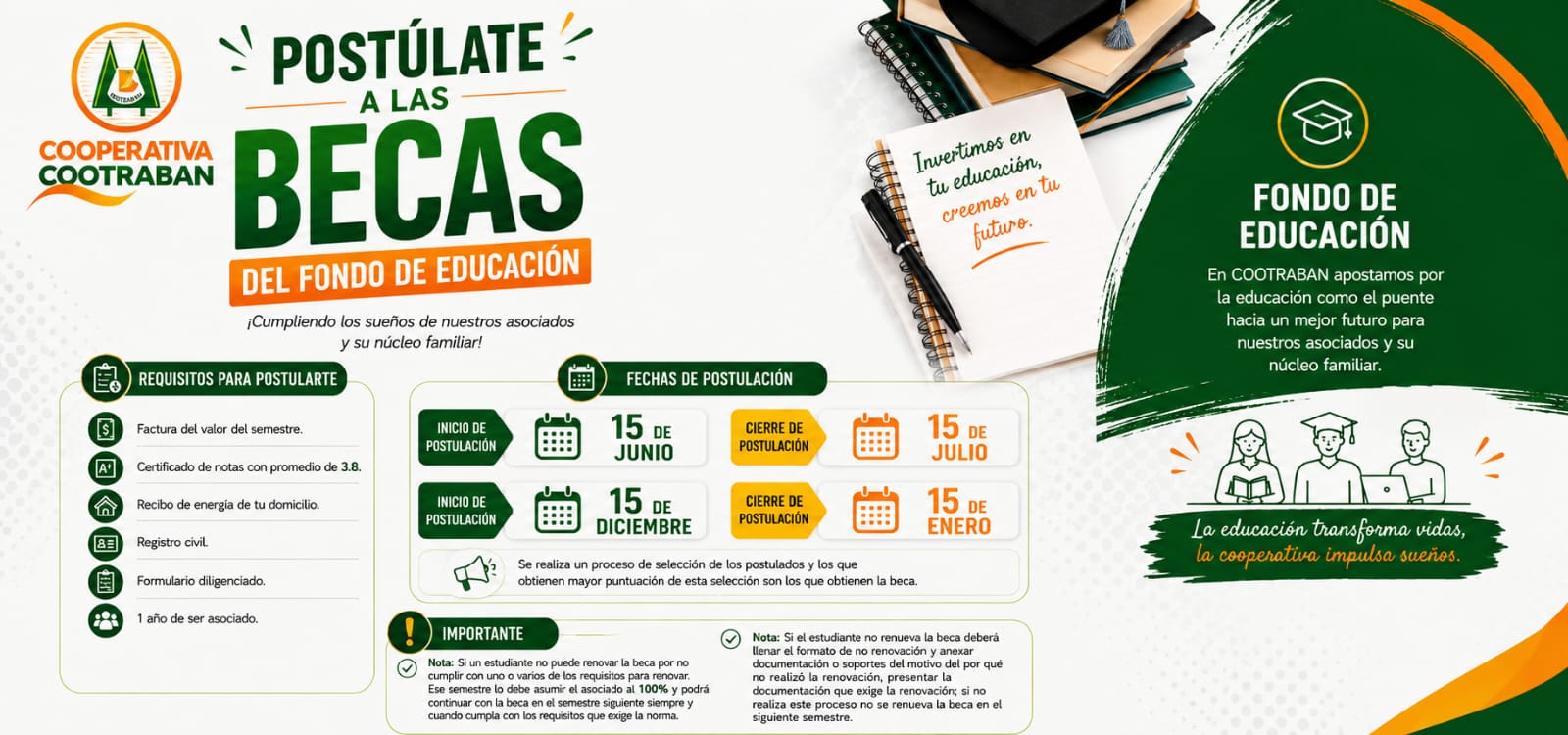 Postúlate a las Becas del Fondo de Educación Cootraban - Postulación 15 junio al 15 julio
